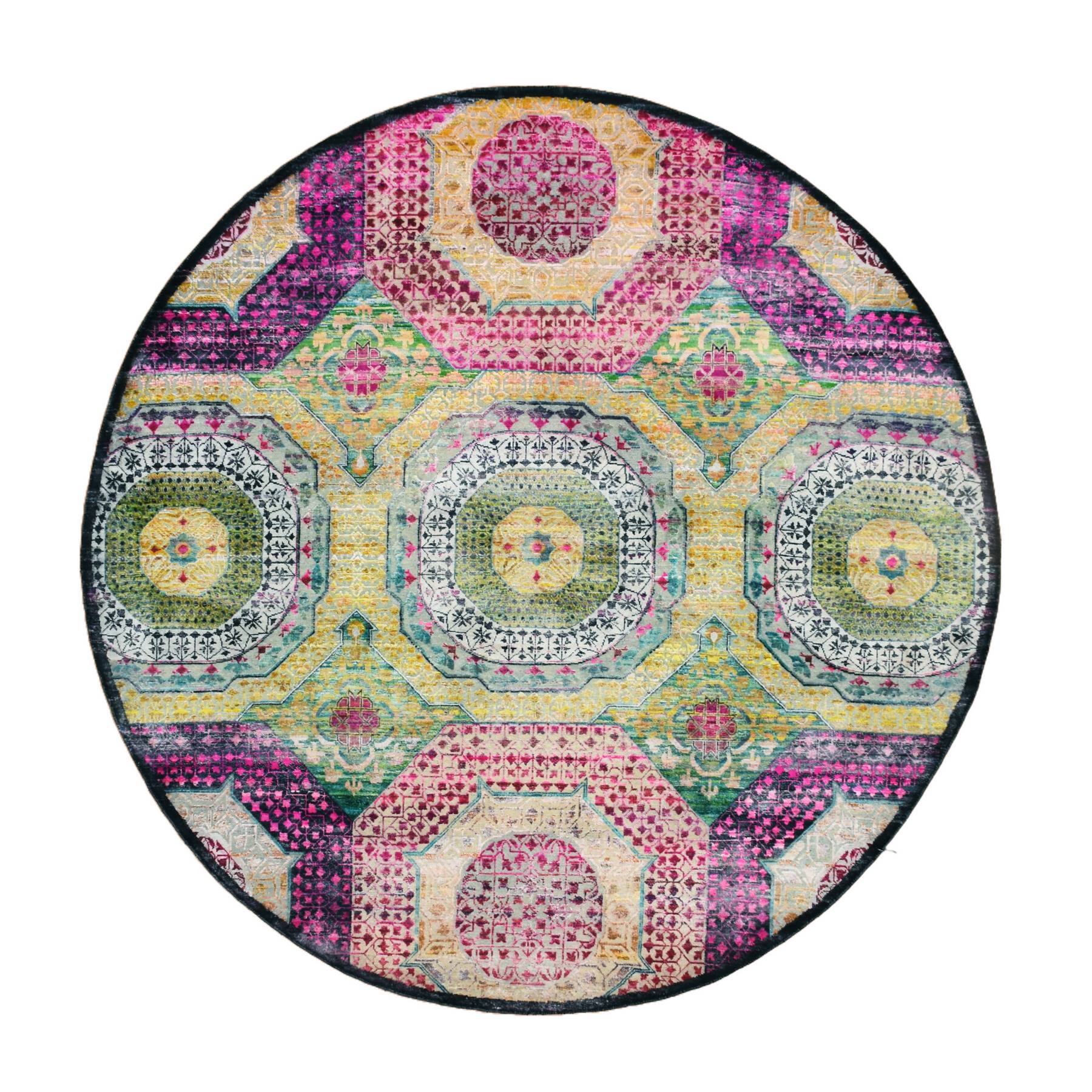 Pastel Yellow with Pink, Mamluk Design, Sari Silk with Textured Wool, Hand Knotted, Round, Oriental Rug